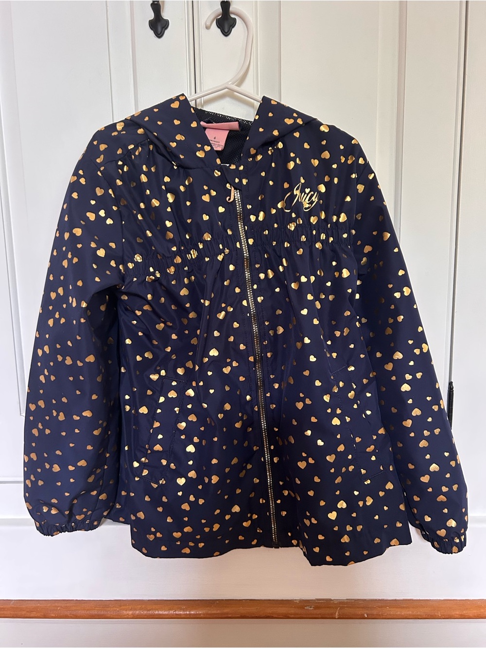 Juicy Couture Navy Raincoat with Metallic Gold Heart Print